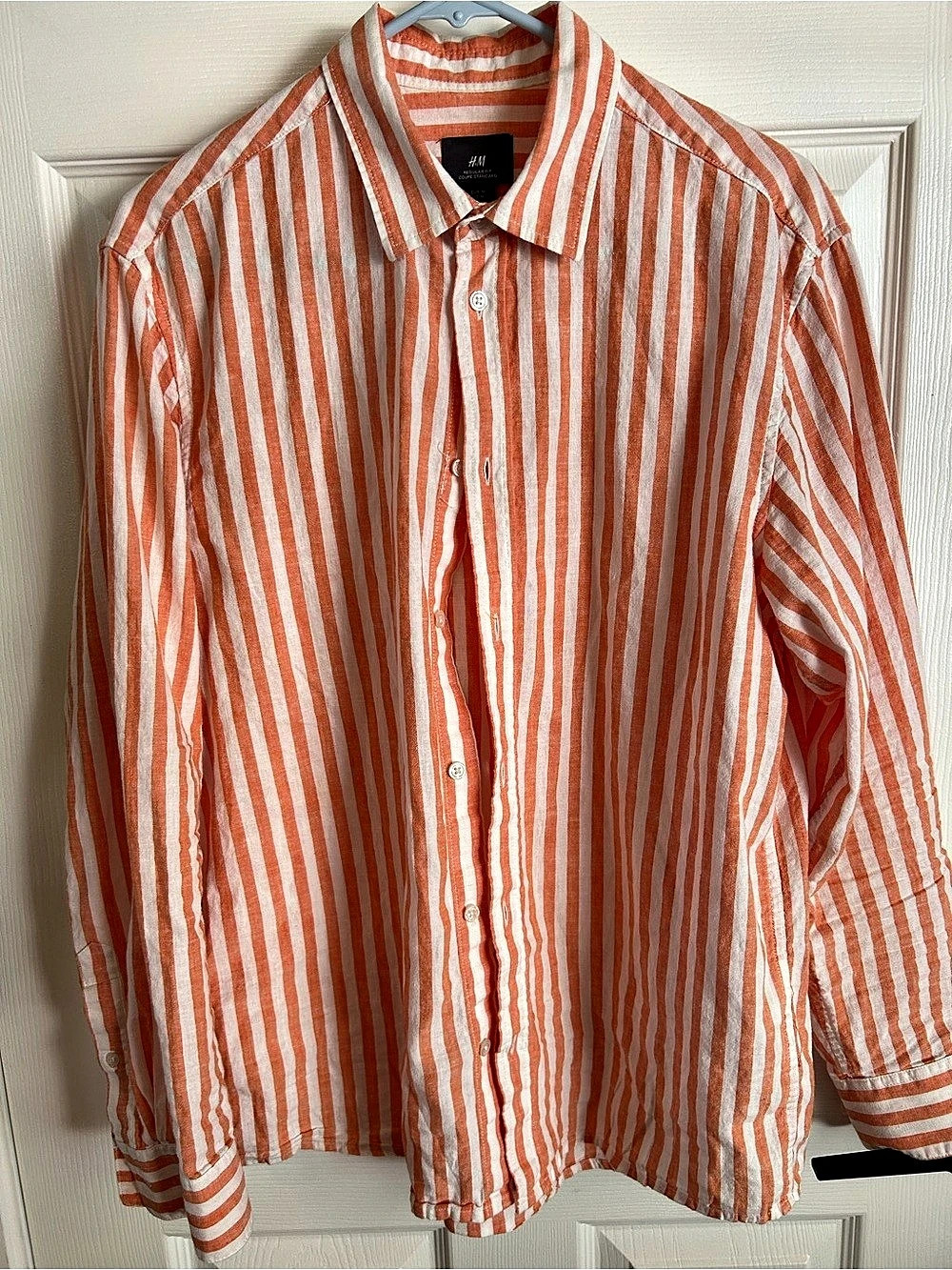 H&M Medium Regular Fit Linen-Cotton Shirt in Orange & White Stripes
